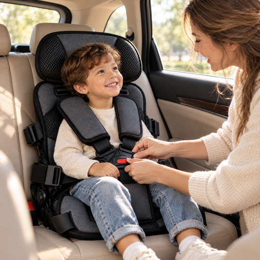 Mutter schnallt Kind im RideSecure an