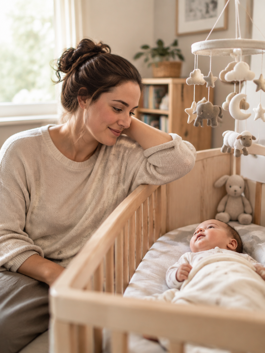 Mutter organisiert praktische Alltagshelfer für Kind und Familie