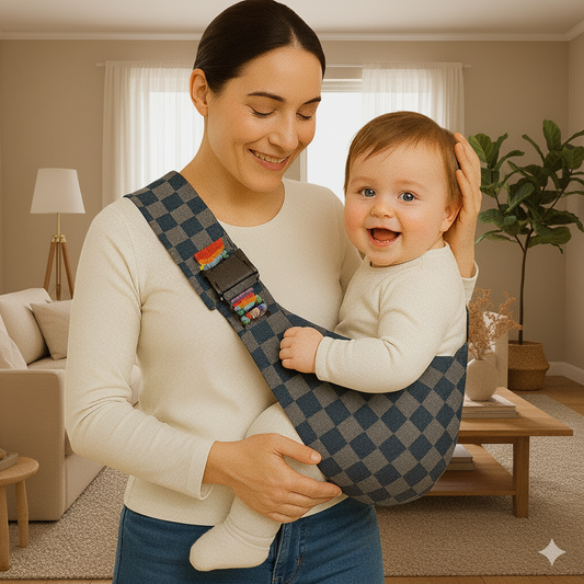 Verstelbare en comfortabele baby heupdraagzak.