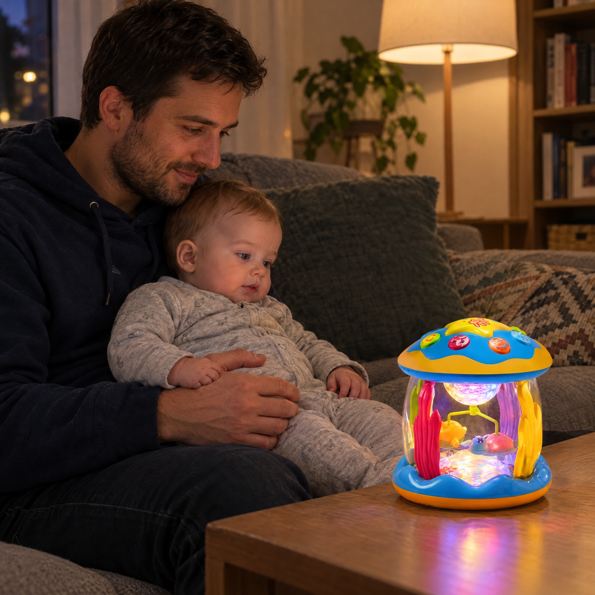 Vater und Baby schauen abends auf das leuchtende LumoSpin