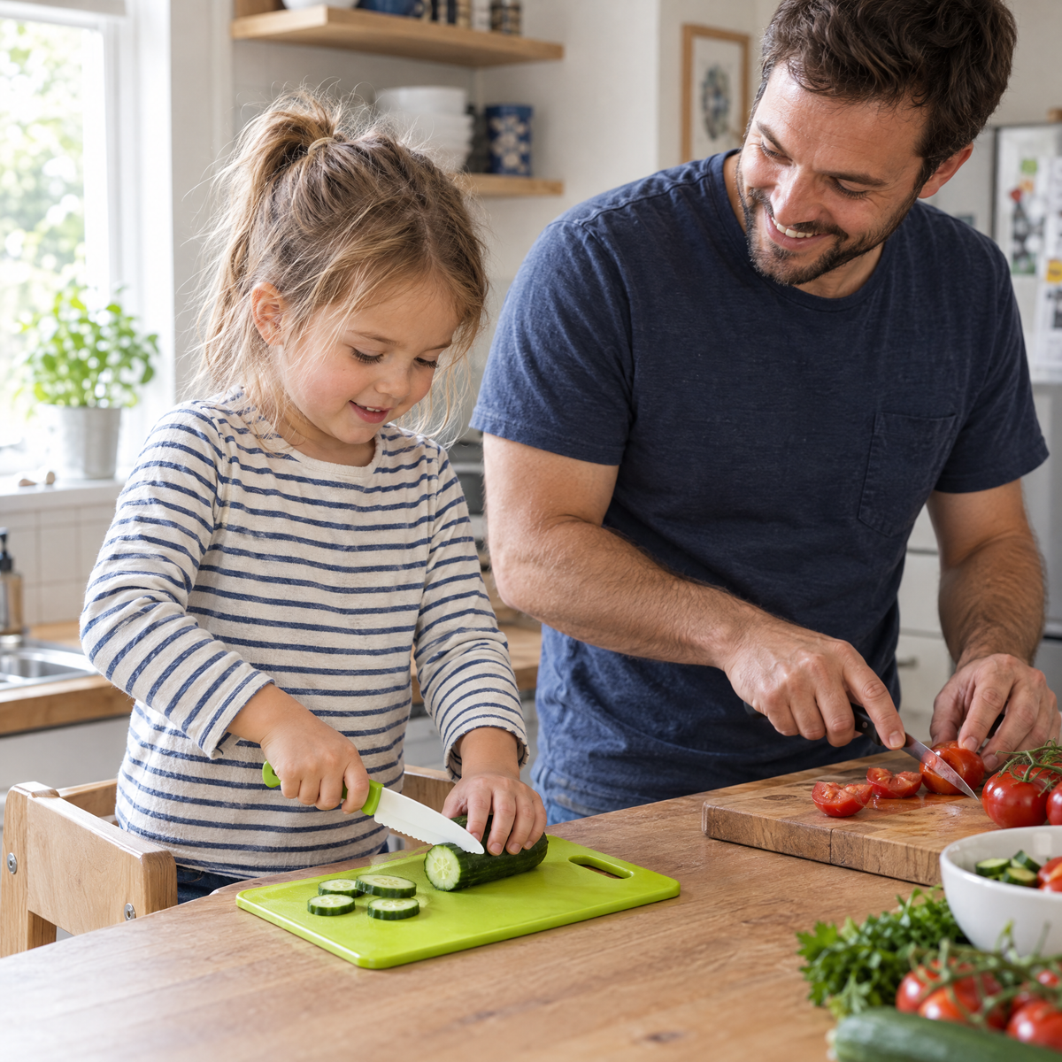 Mädchen schneidet mit Papa Gurke mit dem MiniChef Kindermesser