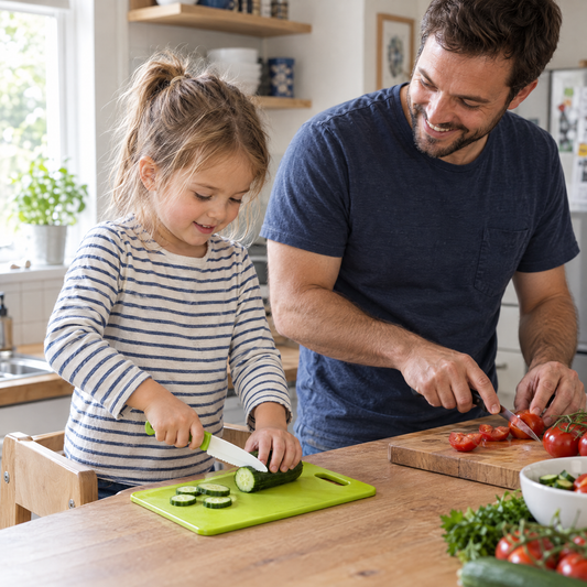 Mädchen schneidet mit Papa Gurke mit dem MiniChef Kindermesser