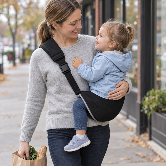 Mutter trägt ihr Kind in der HipSnug Babytrage in Schwarz