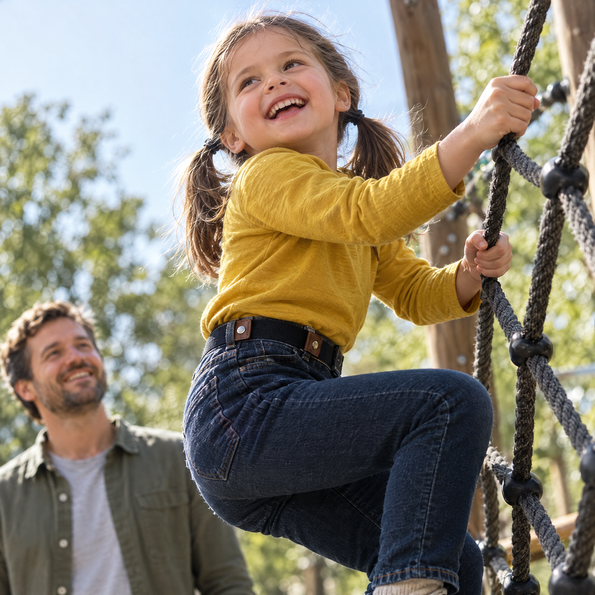 Mädchen klettert mit dem SelfFit Gürtel auf dem Spielplatz