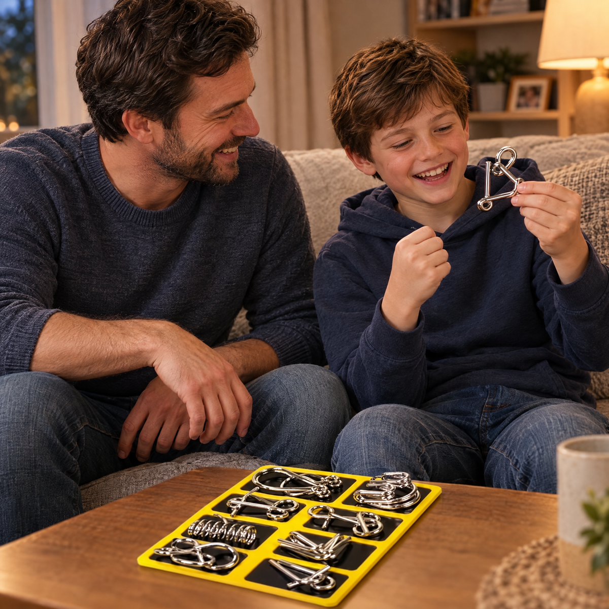 Vater und Sohn freuen sich über das gelöste Logika Rätsel