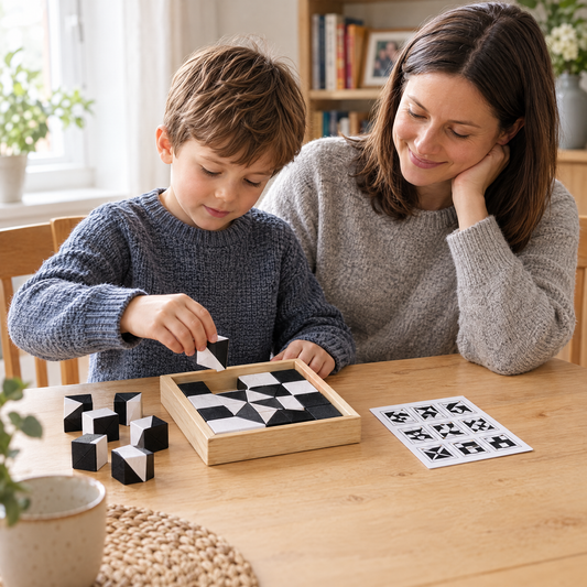 MiniMinds Logikspiel – Mutter und Sohn legen Muster