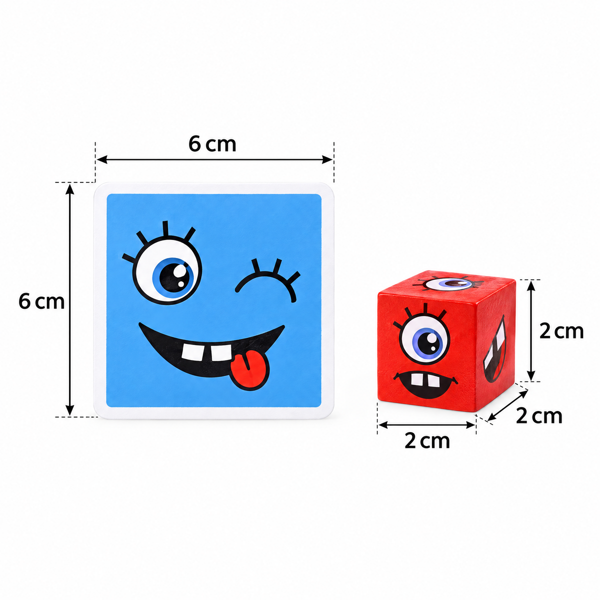 EmoCubes – Maße Würfel 2 cm, Karte 6 cm