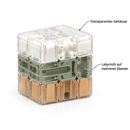 MazeCube – Transparentes Gehäuse, Labyrinth auf mehreren Ebenen