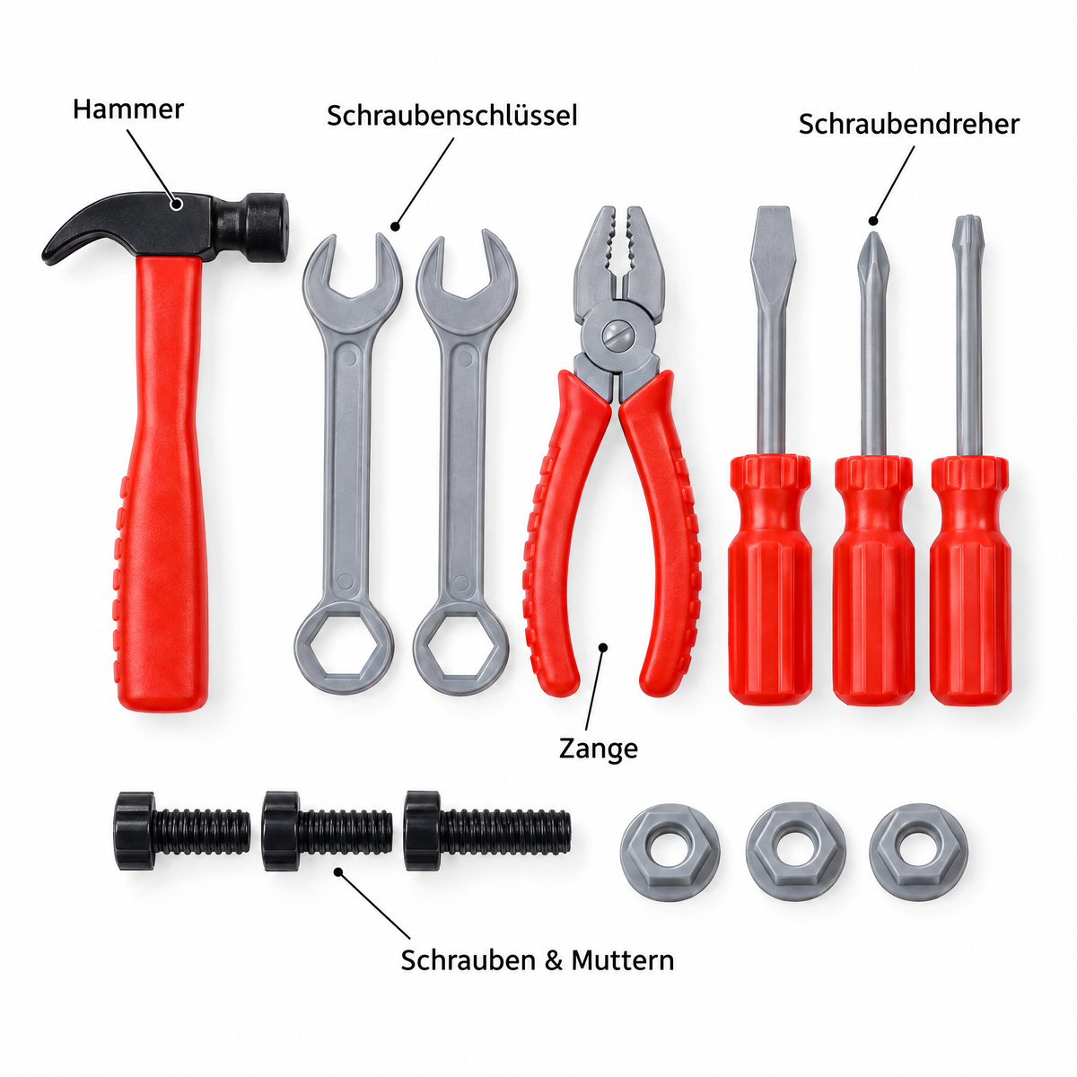 TinyTool Werkzeugset – Hammer, Schraubenschlüssel, Zange, Schraubendreher, Schrauben & Muttern