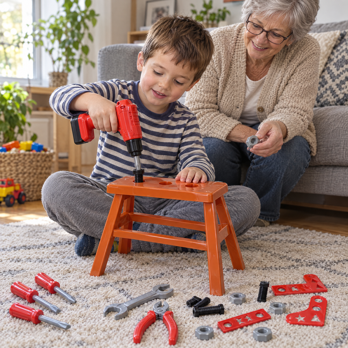 TinyTool Werkzeugset – Junge bohrt mit Oma im Wohnzimmer