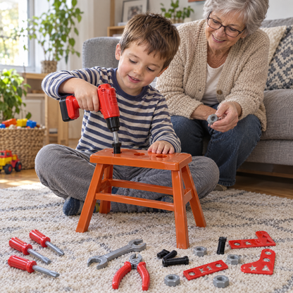 TinyTool Werkzeugset – Junge bohrt mit Oma im Wohnzimmer