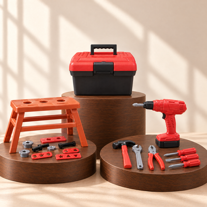 TinyTool 41-teilig mit Werkzeugkoffer, Werkbank und elektrischer Handbohrmaschine
