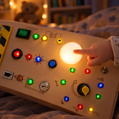 Leuchtende Lichtkugel des LumiBoard im Kinderzimmer am Abend