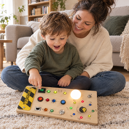 Mutter und Sohn spielen mit dem LumiBoard Sensorikboard, Lichtkugel leuchtet