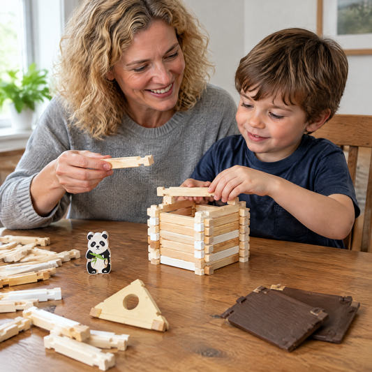 TinyStack Holzbausteine - Mutter und Sohn bauen eine Blockhütte