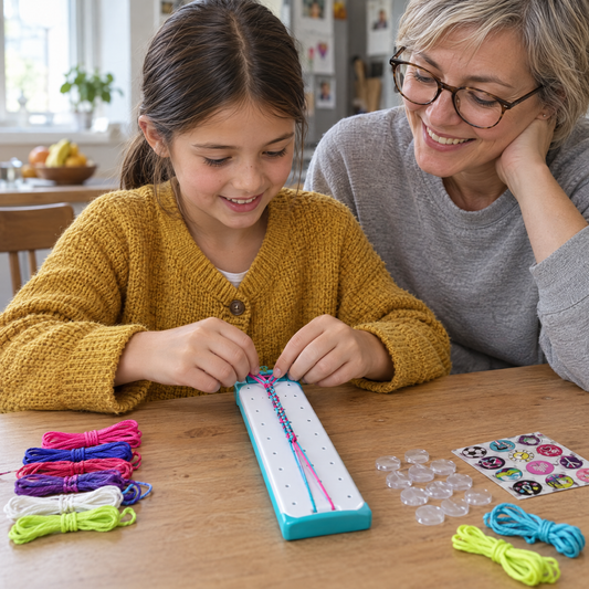LumaLace – Mädchen flicht mit Mama ein Armband am Küchentisch