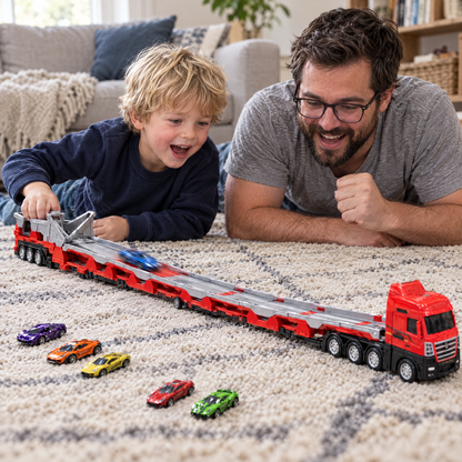 GoCargo – Vater und Sohn mit der ausgeklappten Rennbahn