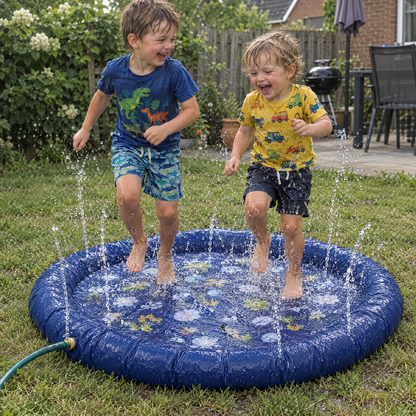 HappySplash Wasserspielmatte - Geschwister springen durch die Wasserfontänen