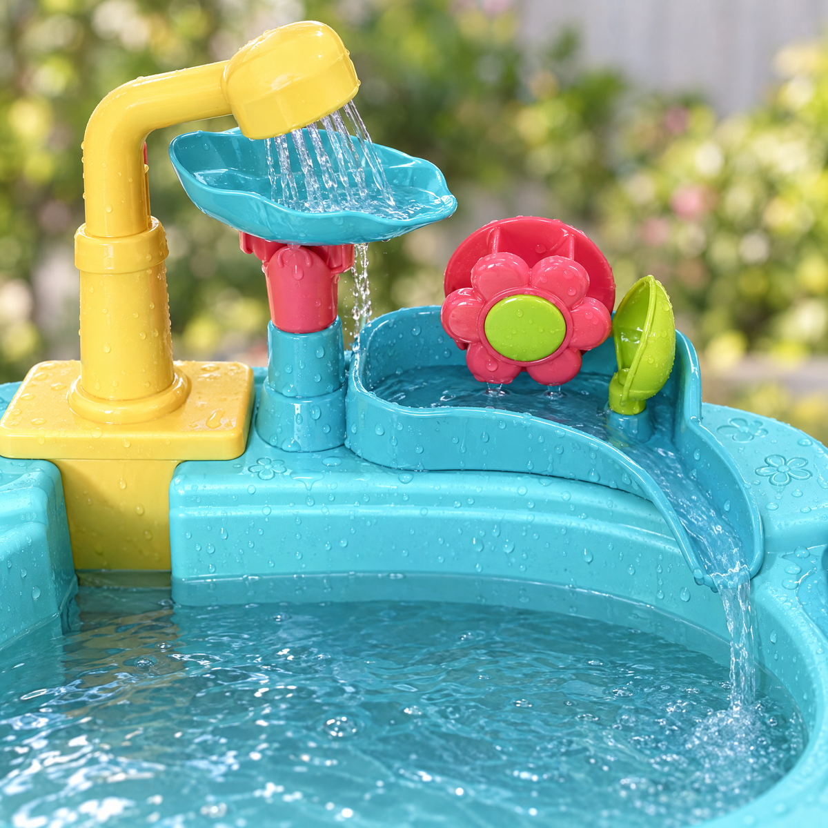 LittleSplash Nahaufnahme Wasserhahn und Blumen-Wasserrad