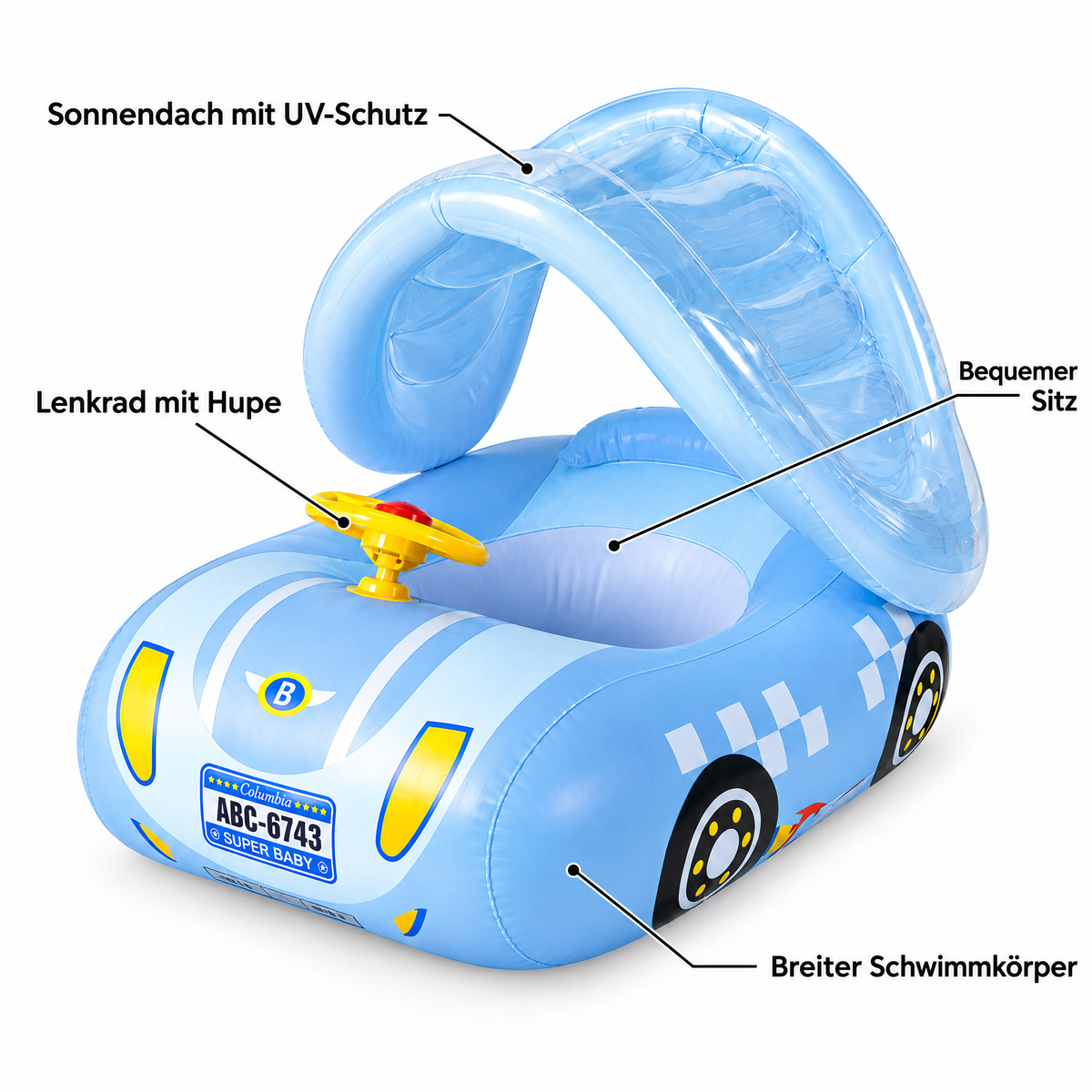 AquaRide Funktionen - Sonnendach mit UV-Schutz, Lenkrad mit Hupe, Sitz, Schwimmkörper