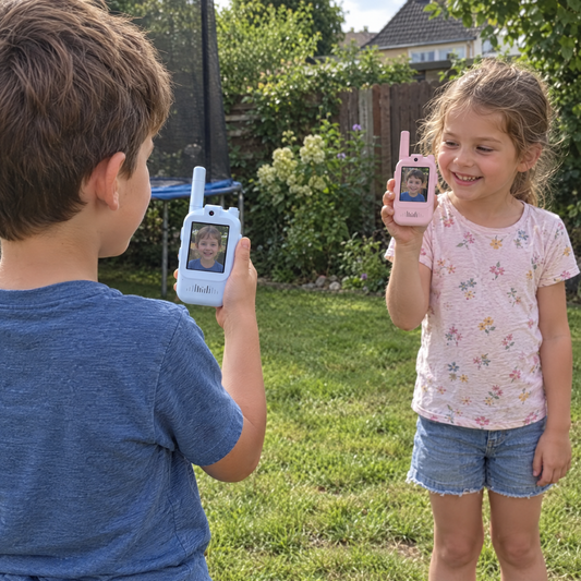 MiniTalk Video Walkie Talkie - Geschwister telefonieren im Garten