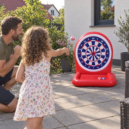 AquaDart Zielscheibe - Vater und Tochter auf der Terrasse