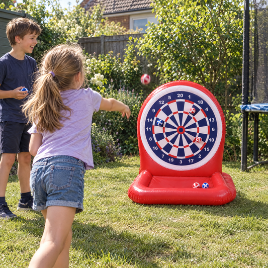 AquaDart Aufblasbare Zielscheibe - Geschwister spielen im Garten