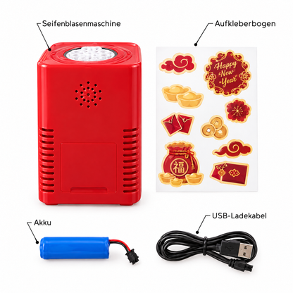 BubbleFeier Lieferumfang - Maschine, Aufkleberbogen, Akku, USB-Ladekabel