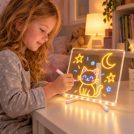 GlowSketch LED Zeichenbrett – Mädchen zeichnet am Abend