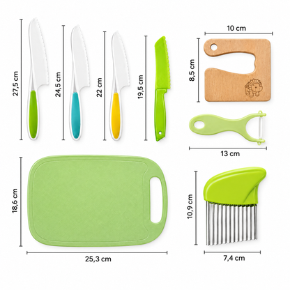 MiniChef Maße: Kindermesser 27,5 / 24,5 / 22 / 19,5 cm, Schneidebrett 25,3 x 18,6 cm