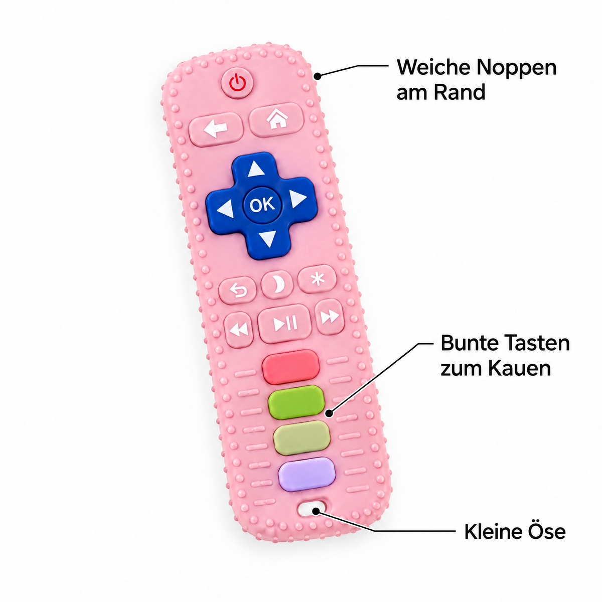 ClickChew – weiche Noppen am Rand, bunte Tasten zum Kauen, kleine Öse