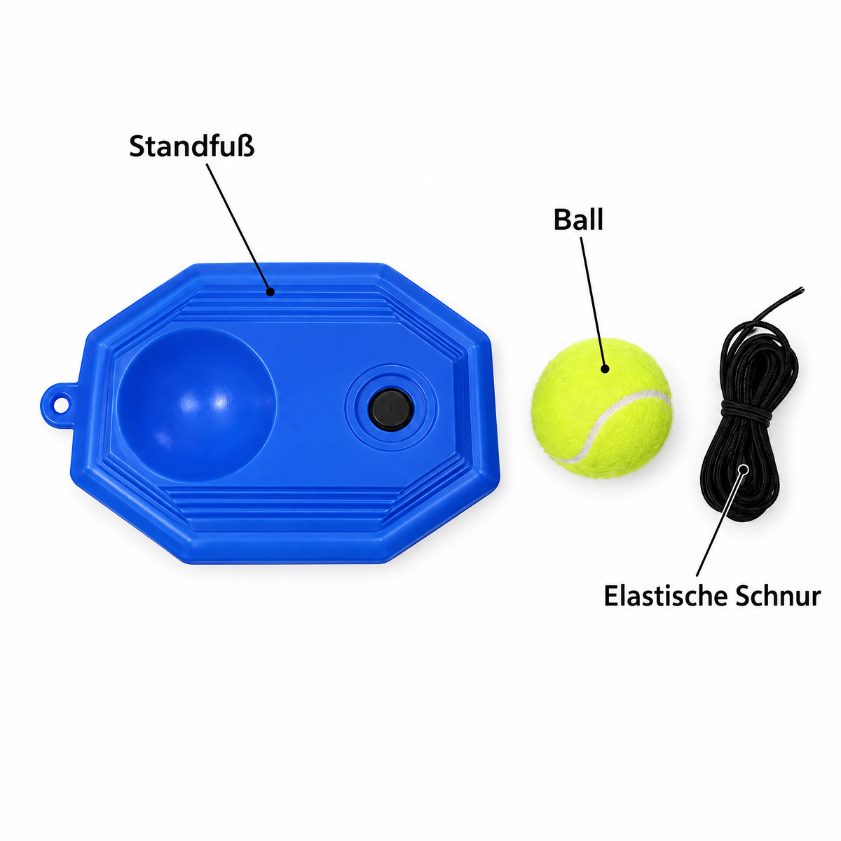 SwingBuddy Lieferumfang: Standfuß, Ball, elastische Schnur