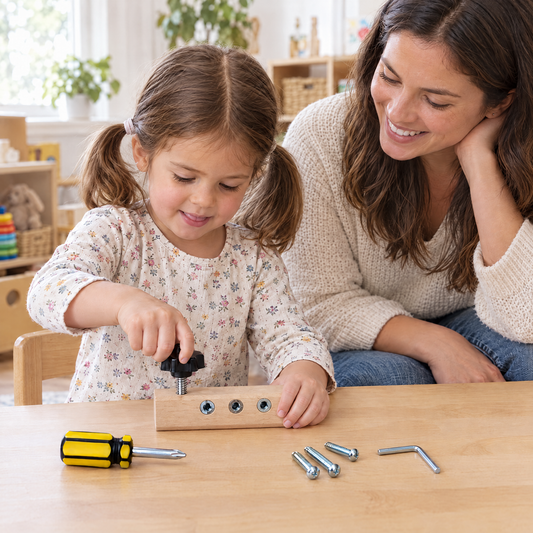 TwistyTool Lernboard – Mädchen dreht den Sterngriff, Mama schaut zu