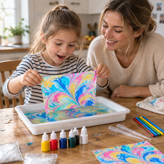 MagicMarble – Mädchen hebt das marmorierte Papier mit Mama ab