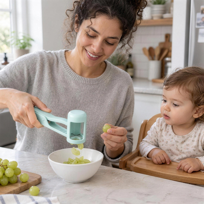 SnackSnip Traubenschneider – Mutter viertelt Trauben für ihr Kleinkind