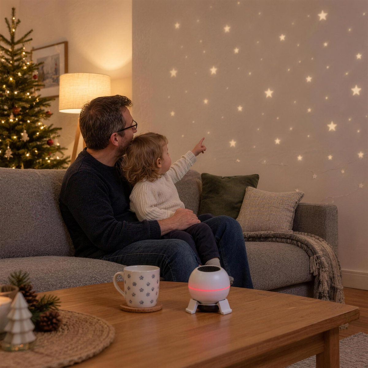 WinterDrift – Vater und Kleinkind mit Sternenprojektion im Wohnzimmer